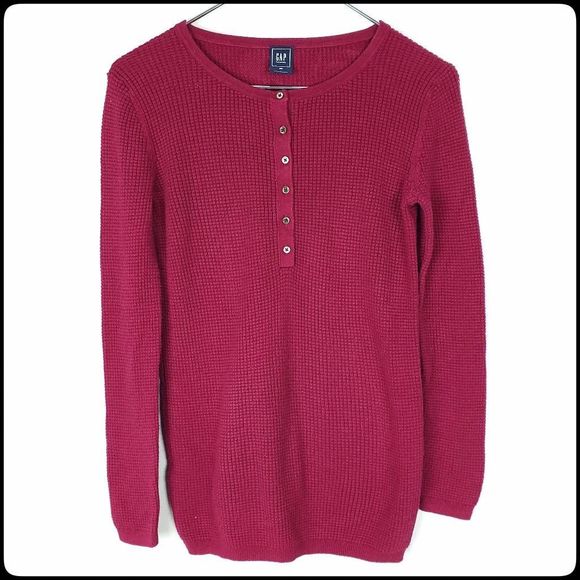 GAP Maternity Magenta 1/2 Button Down Crew Neck Waffle Neck Long Sleeve Top X-Sm - Picture 1 of 5